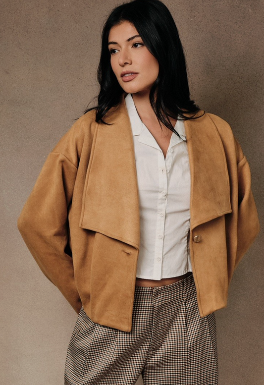 Sunday Edition tan faux‑suede jacket with flapped neckline and modern tailored silhouette.