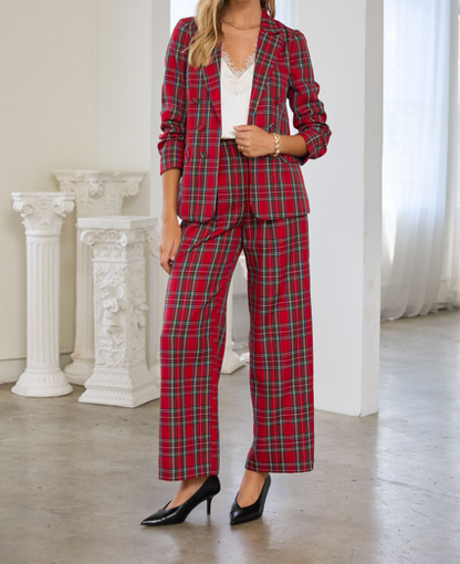 Red tartan‑check blazer with tailored silhouette and soft structured woven fabric.