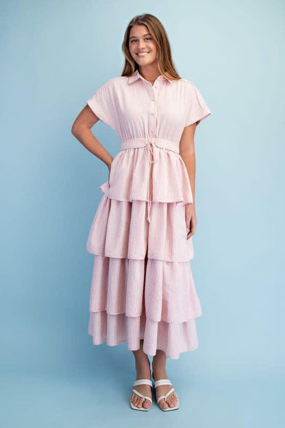 Striped Tiered Half Button Midi Dress