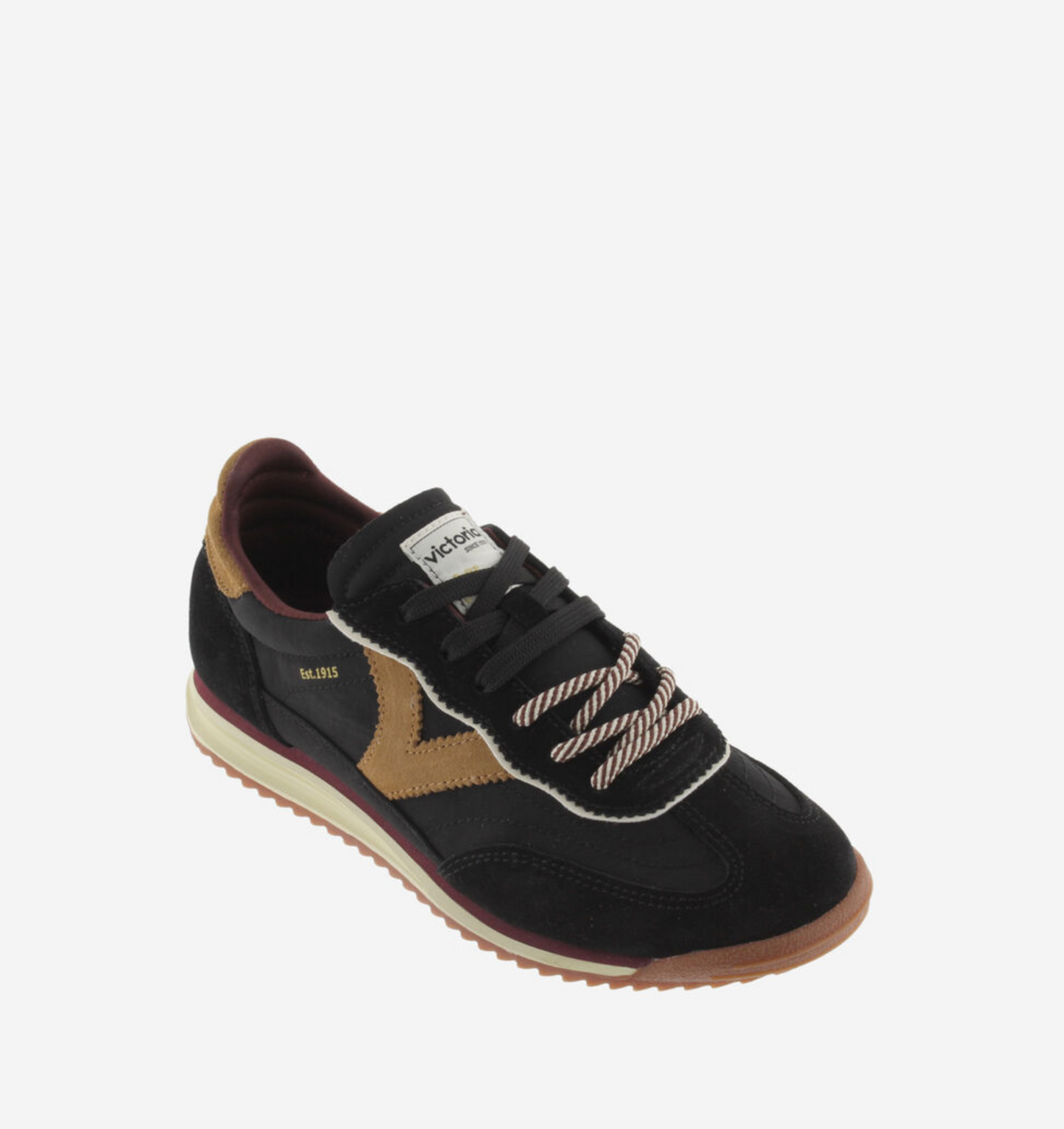 Victoria Saturno Sneaker in black with nylon‑suede upper and retro runner silhouette.