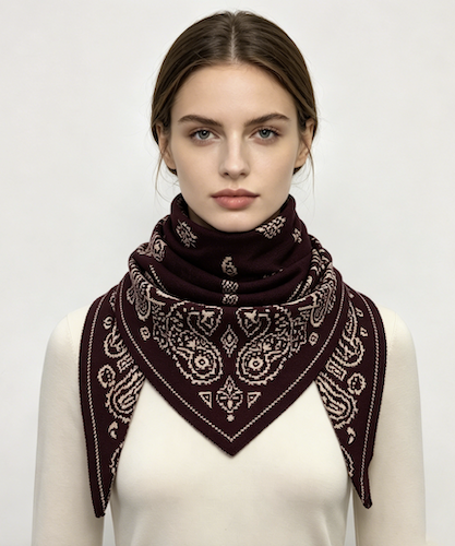 A woman wearing a dark burgundy bandana with a cream paisley pattern wrapped around her neck over a white top, photographed against a light gray studio background.