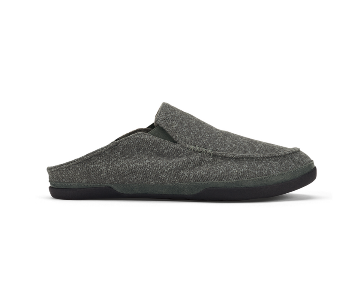 A single Olukai Moloa Hulu dark gray heathered slip-on mule shoe with a black sole, shown in a side profile view against a plain white background.