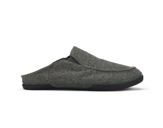 A single Olukai Moloa Hulu dark gray heathered slip-on mule shoe with a black sole, shown in a side profile view against a plain white background.