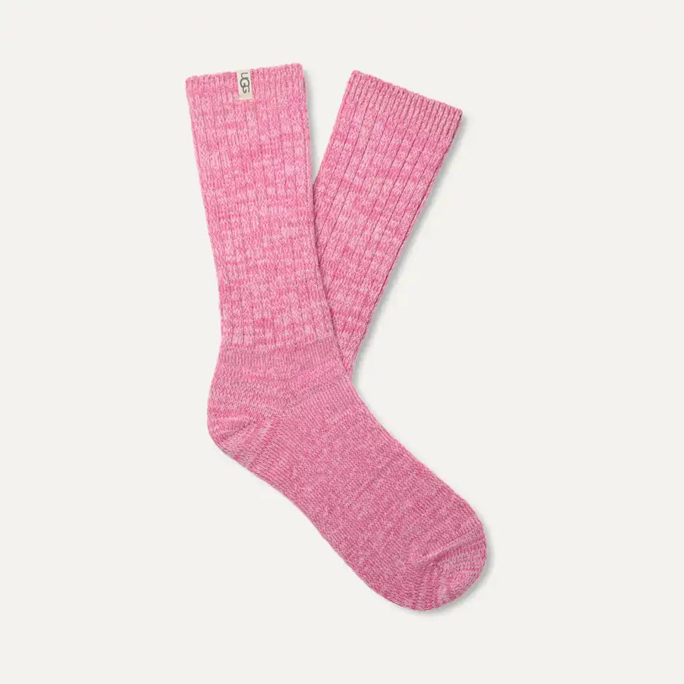 Women’s UGG rib knit slouchy crew sock in pink with soft rib texture and relaxed slouchy fit.