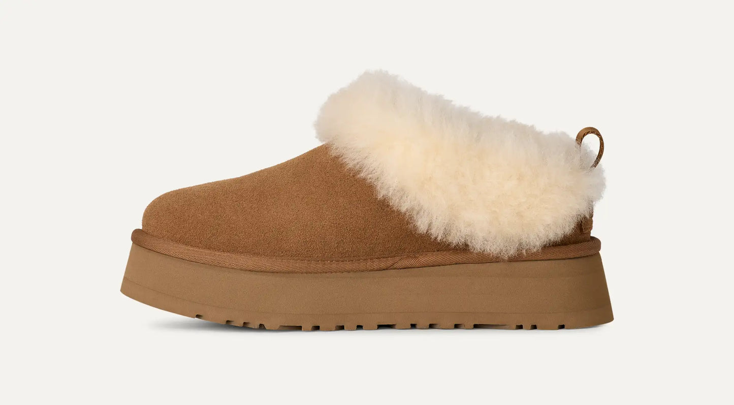 UGG chestnut suede Tazzette slipper with plush wool lining and a platform sole.