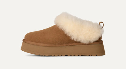 UGG chestnut suede Tazzette slipper with plush wool lining and a platform sole.