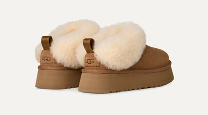 UGG chestnut suede Tazzette slipper with plush wool lining and a platform sole.