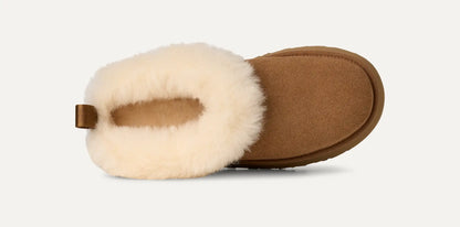 UGG chestnut suede Tazzette slipper with plush wool lining and a platform sole.