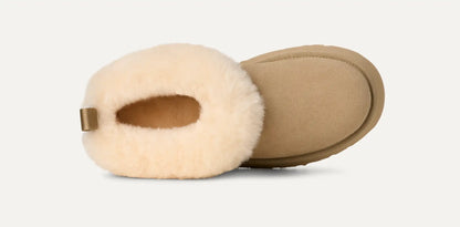 Women’s UGG Tazzelle slipper in mustard seed suede with plush UGGplush lining and a lightweight platform sole.