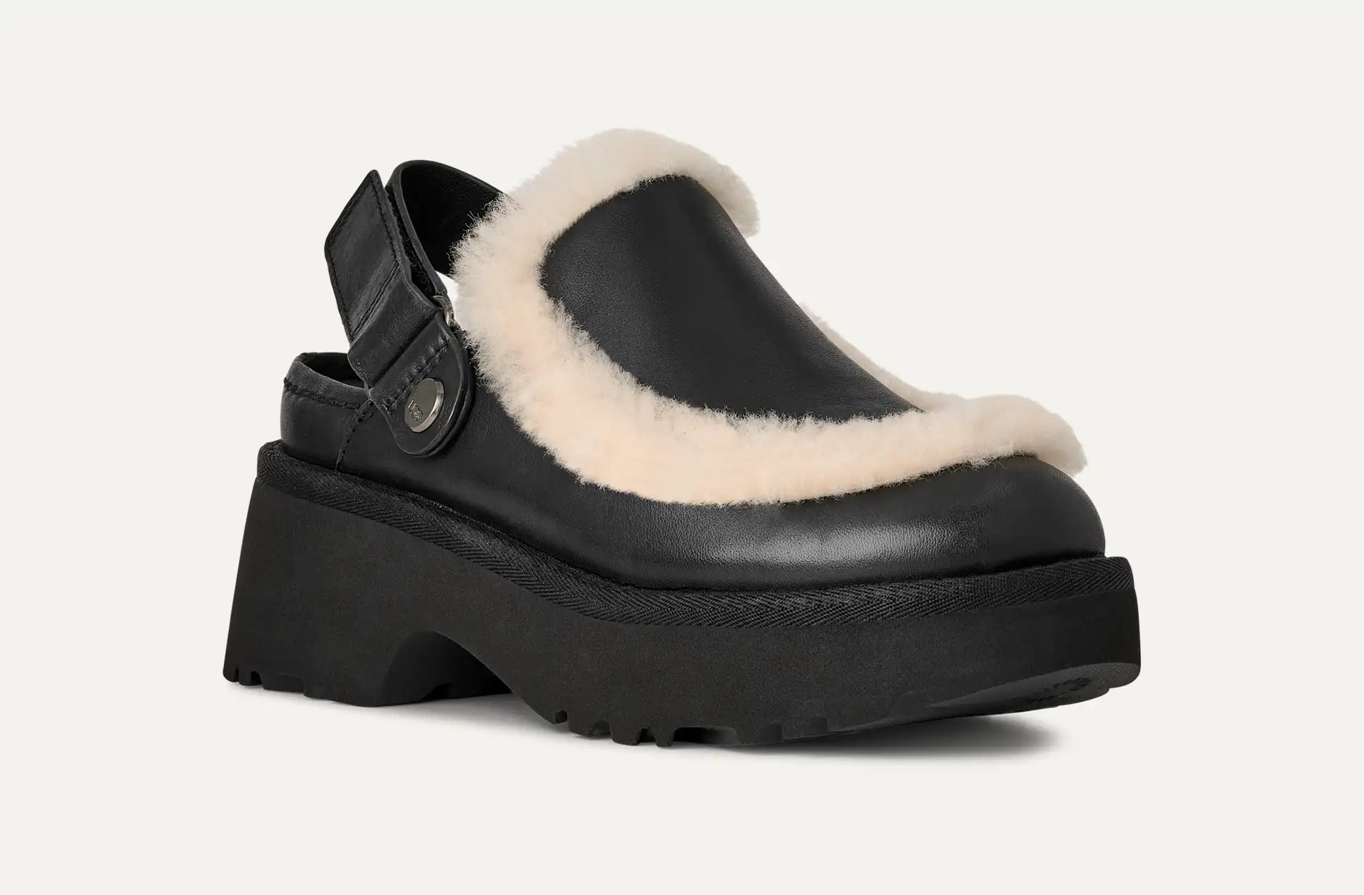 Women’s UGG Esmee leather clog in black with a sculpted SugarSole EVA outsole and closed‑toe silhouette.