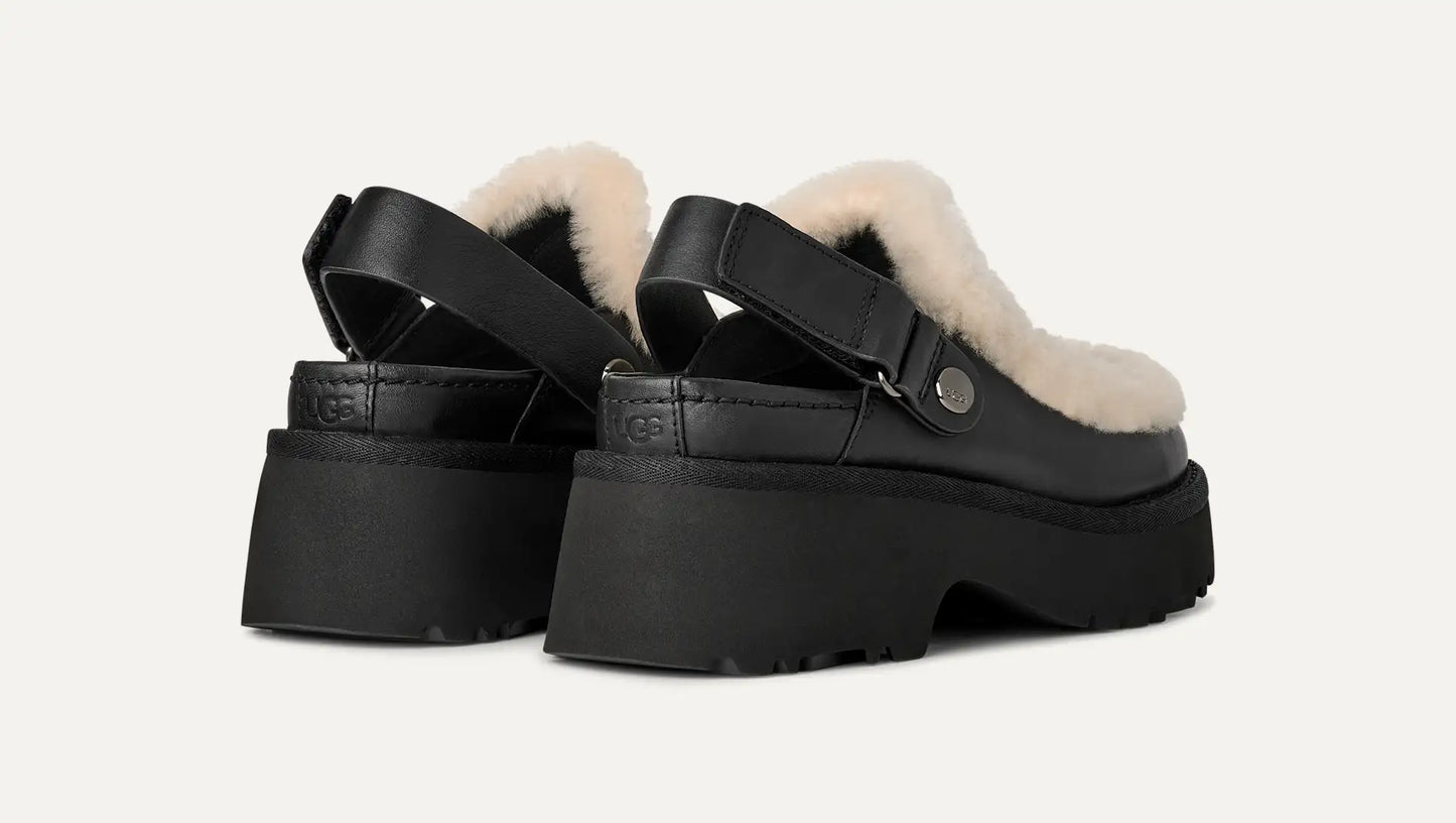 Women’s UGG Esmee leather clog in black with a sculpted SugarSole EVA outsole and closed‑toe silhouette.