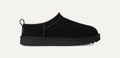 Women’s UGG Classic Micro Slipper in black suede with plush sheepskin lining and an ultra‑low silhouette.