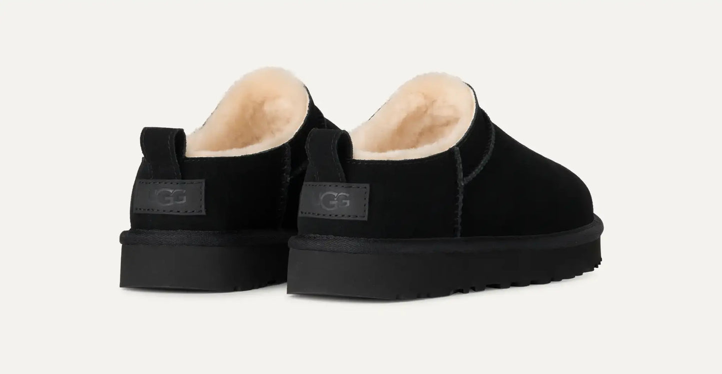 Women’s UGG Classic Micro Slipper in black suede with plush sheepskin lining and an ultra‑low silhouette.