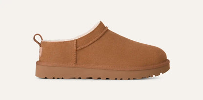 Women’s UGG Classic Micro Slipper in chestnut suede with plush sheepskin lining and an ultra‑low silhouette.