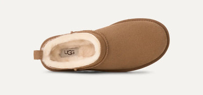 Women’s UGG Classic Micro Slipper in chestnut suede with plush sheepskin lining and an ultra‑low silhouette.