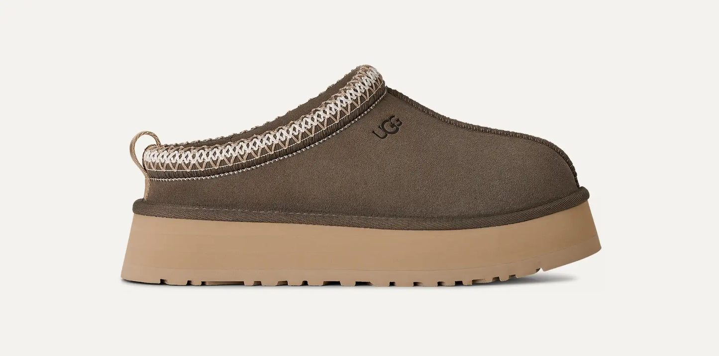 Women’s UGG Tazz II slipper in dark  oregano suede with UGGplush lining, braid collar, and a 1.75-inch platform sole.