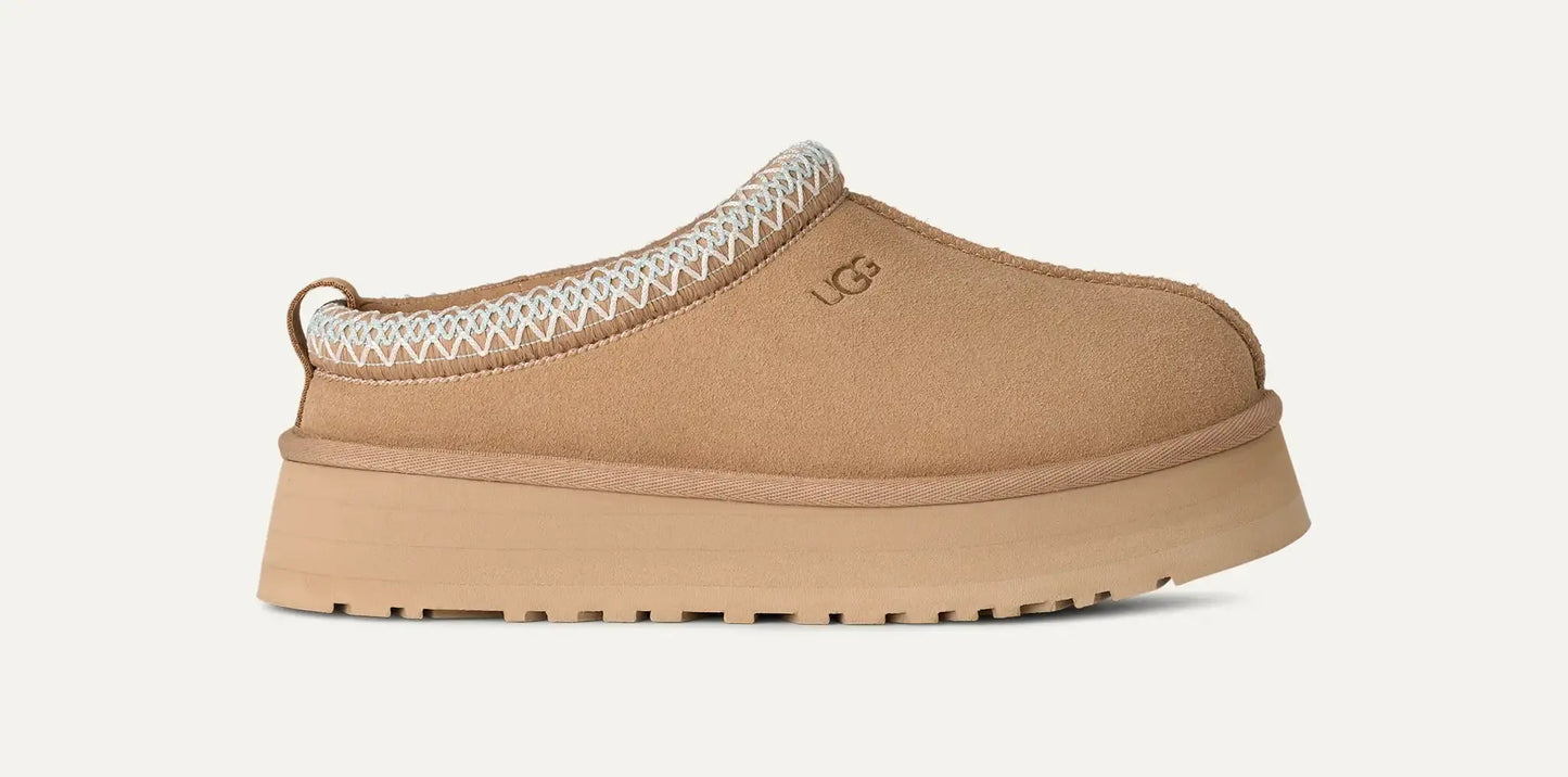 Women’s UGG Tazz II slipper in sand suede with UGGplush lining, braid collar, and a 1.75-inch platform sole.
