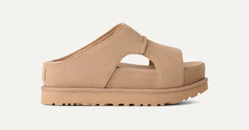 UGG platform slide sandal in Sand with wide suede strap.