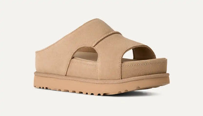 UGG platform slide sandal in Sand with wide suede strap.