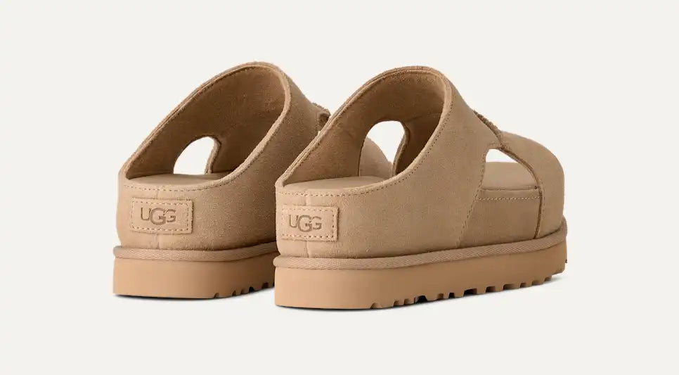 UGG platform slide sandal in Sand with wide suede strap.