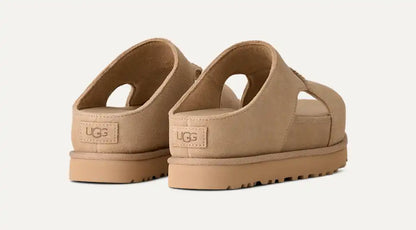 UGG platform slide sandal in Sand with wide suede strap.