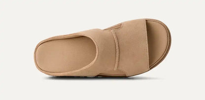 UGG platform slide sandal in Sand with wide suede strap.