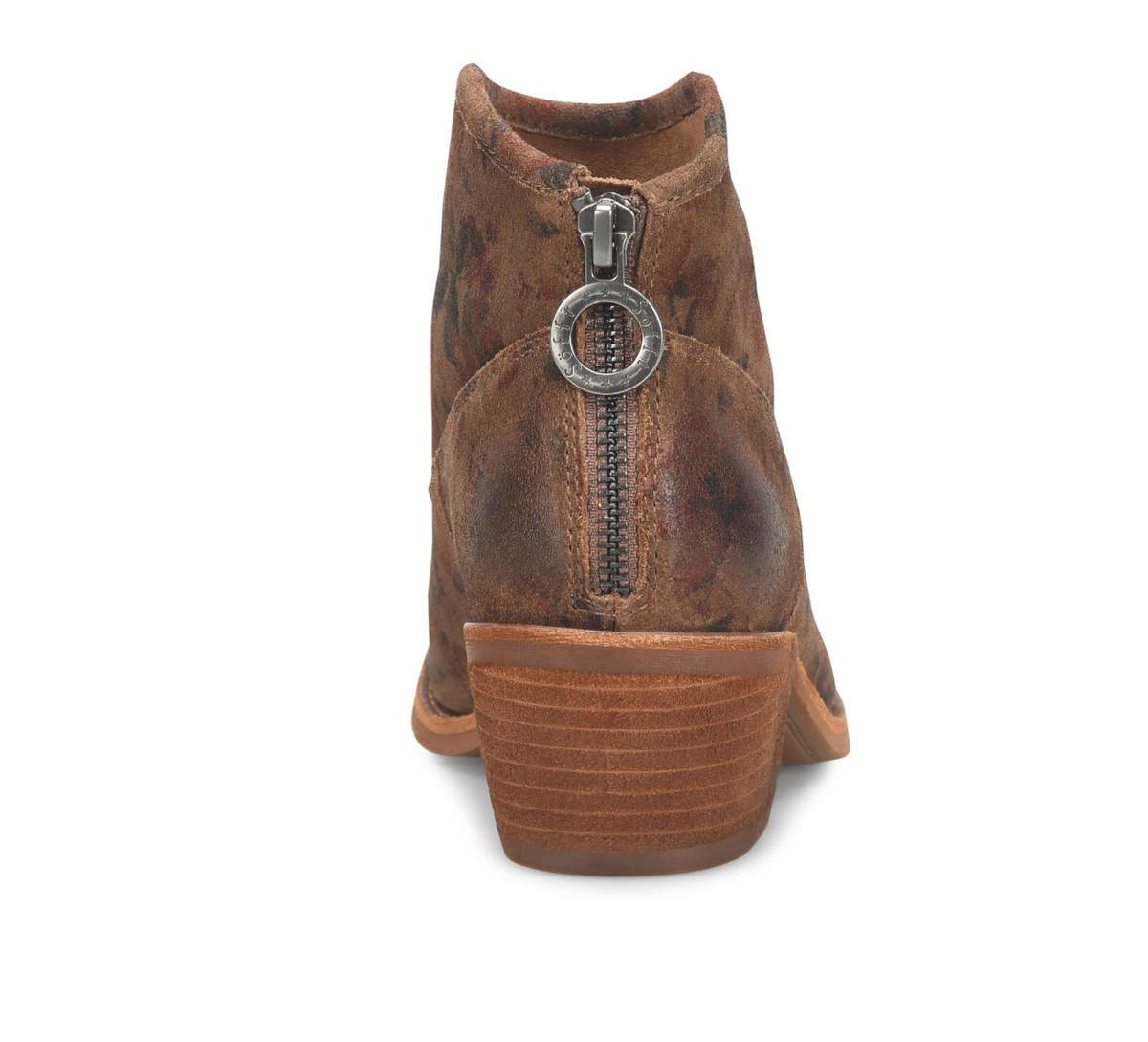 A Sofft Aisley brown distressed leather ankle boot shown from the back, featuring a side zipper with a decorative silver-tone ring pull and a stacked block heel, set against a plain white background.