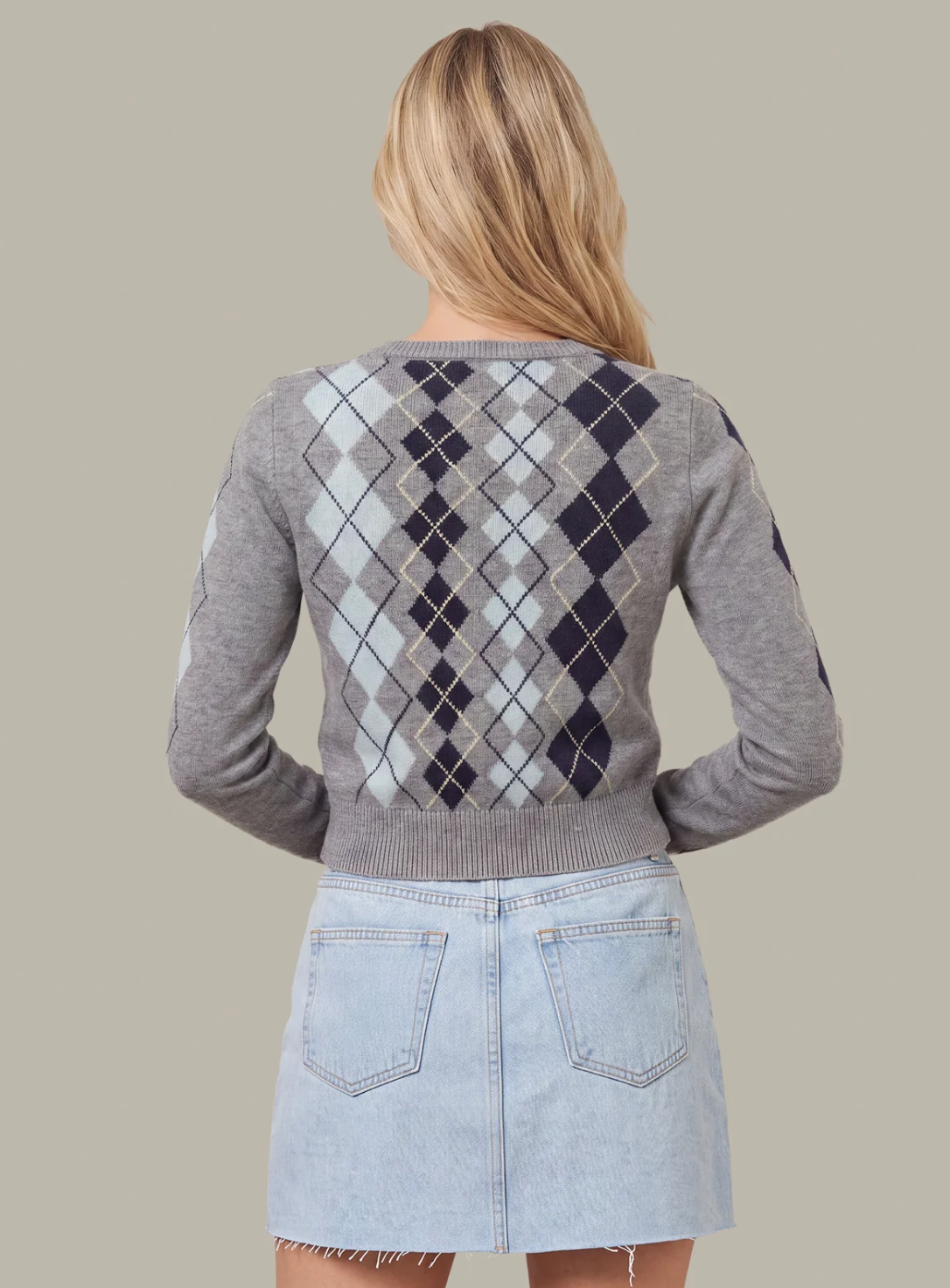 525 America Serena Argyle Cardigan with mid‑weight knit and classic argyle pattern.
