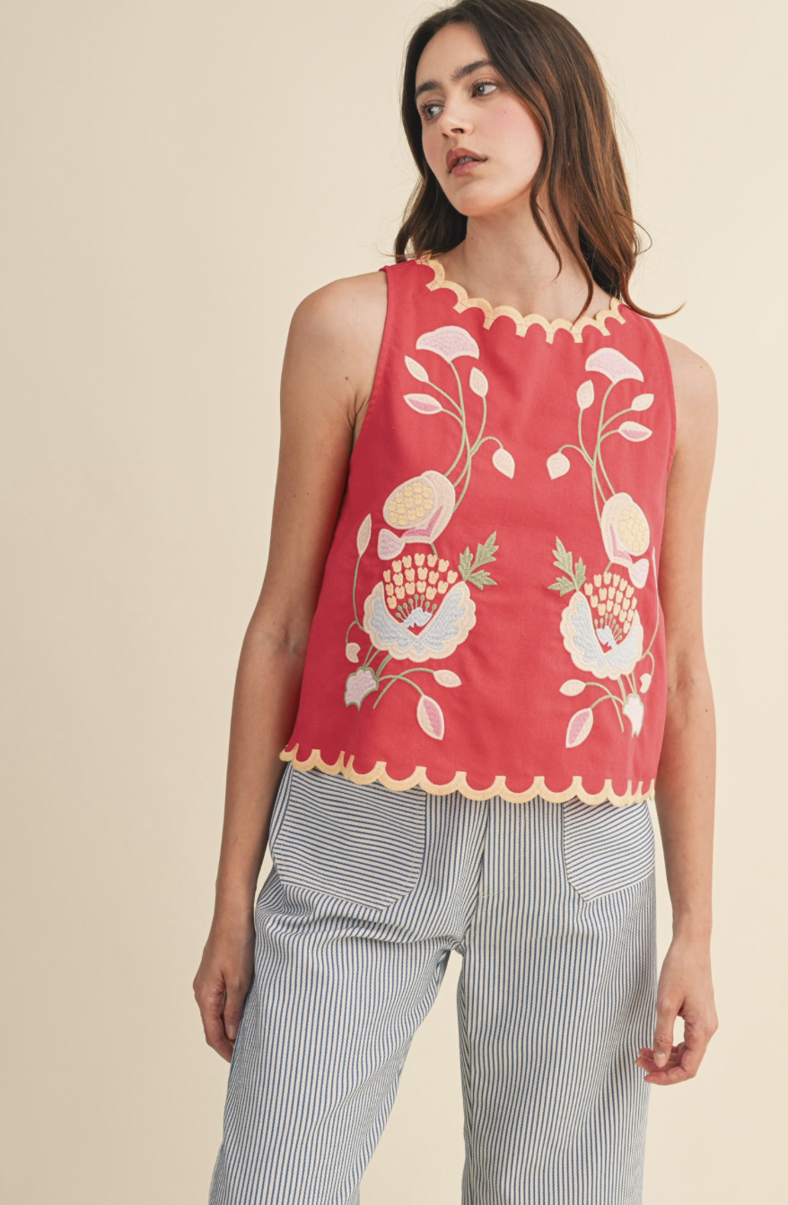 Floral Embroidered Scalloped Tank