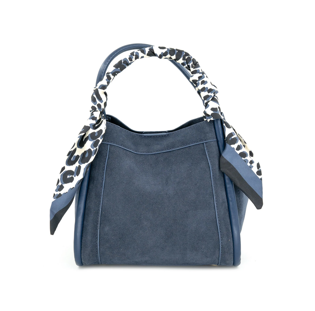 A navy blue suede handbag with a black and white leopard-print silk scarf tied around its top handle, shown against a plain white background.