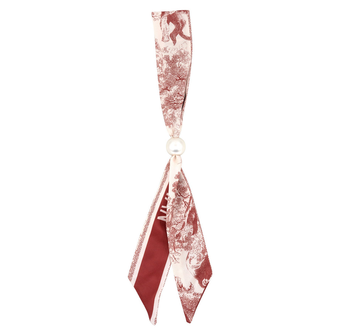 A silk scarf tie featuring a classic toile de Jouy pattern in dusty rose and cream, tied with a white faux-pearl bead at the center, shown against a plain white background.