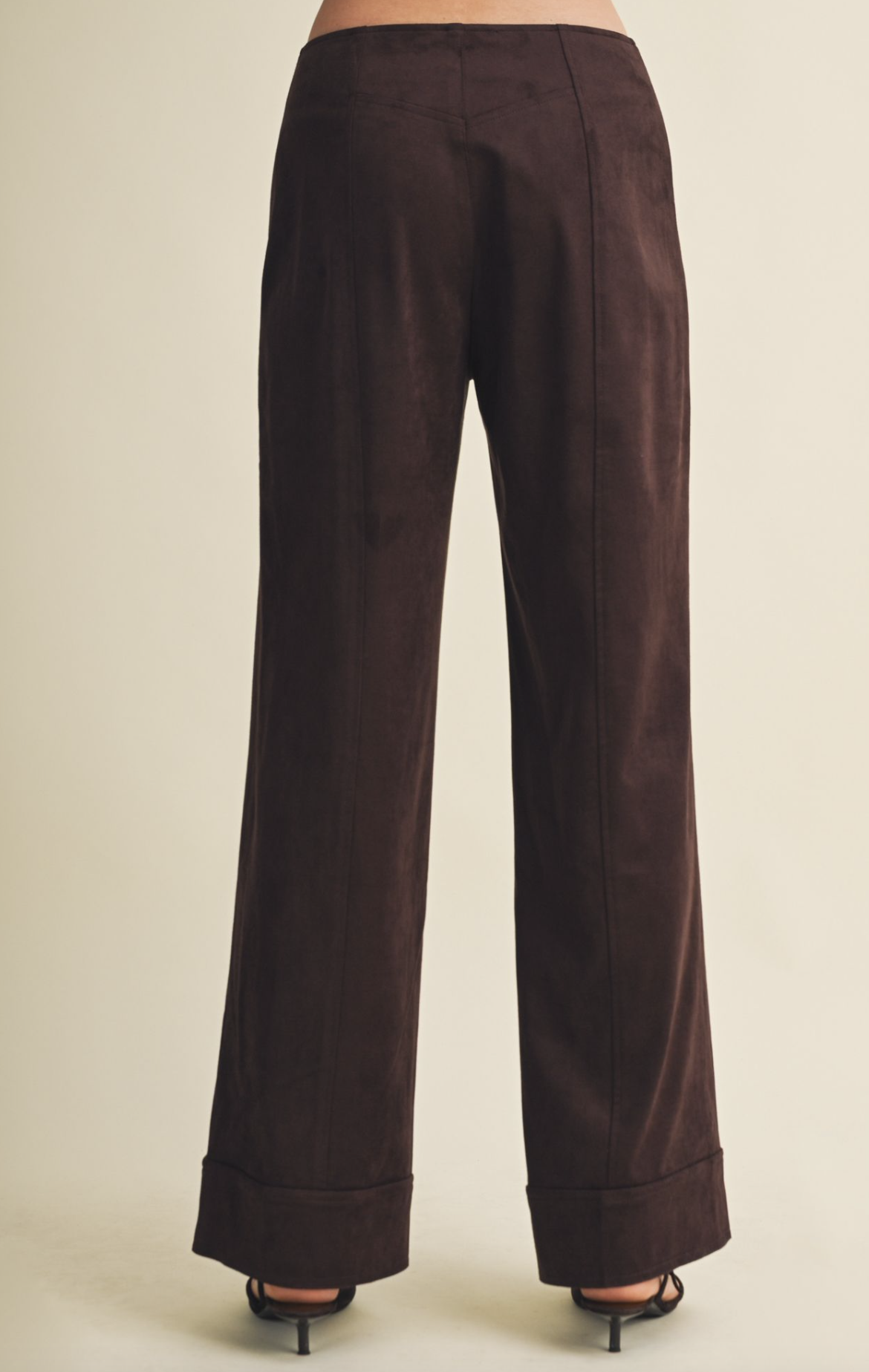 Back side of Mustard Seed Suede Trouser Pants featuring a suede‑finish fabric, tailored straight‑leg silhouette, smooth drape, and polished everyday styling.