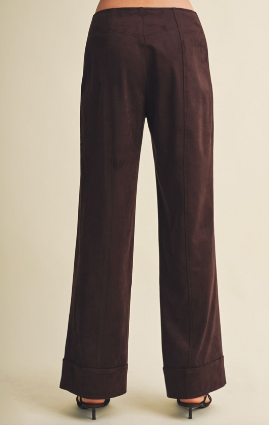 Back side of Mustard Seed Suede Trouser Pants featuring a suede‑finish fabric, tailored straight‑leg silhouette, smooth drape, and polished everyday styling.