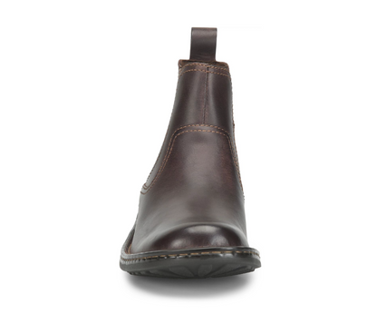 A dark brown leather Chelsea boot shown from a front-facing perspective on a clean white background.