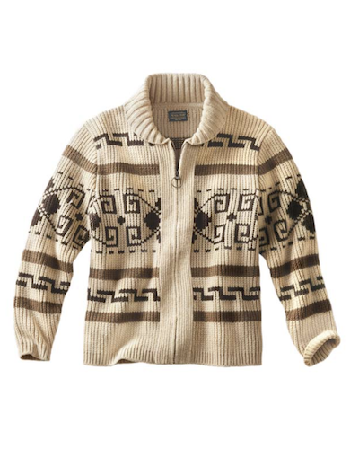 A Pendleton cream-colored knit zip-up sweater with brown geometric and tribal patterns, displayed against a solid white background.