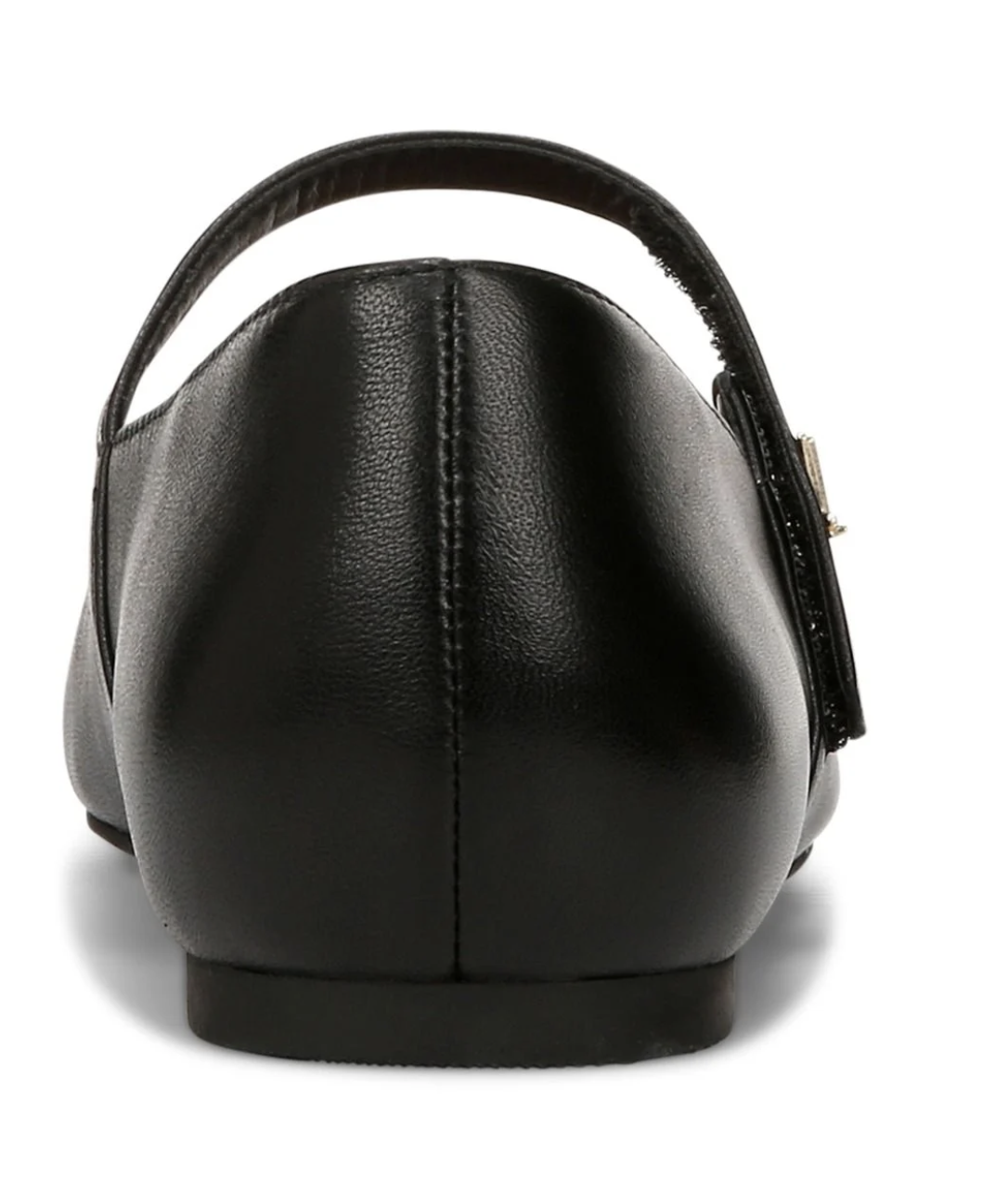 A close-up rear view of a black leather Vionic Alameda flat shoe with a strap and a small gold-tone buckle, shown on a white background.