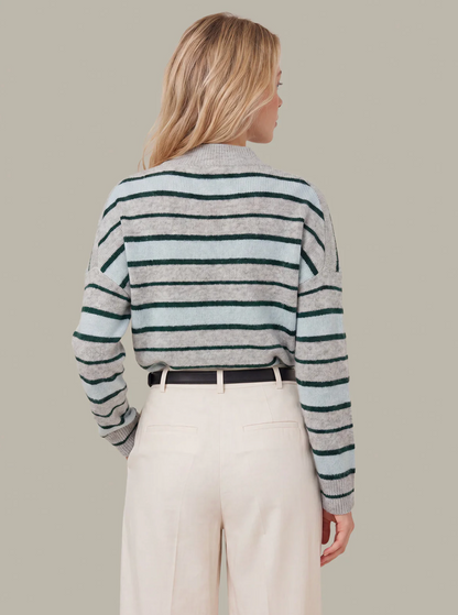Gray Pearl striped cropped v-neck pullover with lightweight knit and modern silhouette.