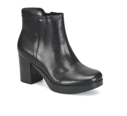 A black leather Sofft Kendall  ankle boot with a chunky block heel and platform sole, shown from a three-quarters angle on a white background.