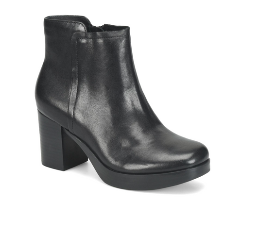 A black leather Sofft Kendall  ankle boot with a chunky block heel and platform sole, shown from a three-quarters angle on a white background.