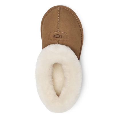 A top-down view of a UGG slipper in tan suede with a thick, fluffy off-white shearling lining, shown on a solid white background.