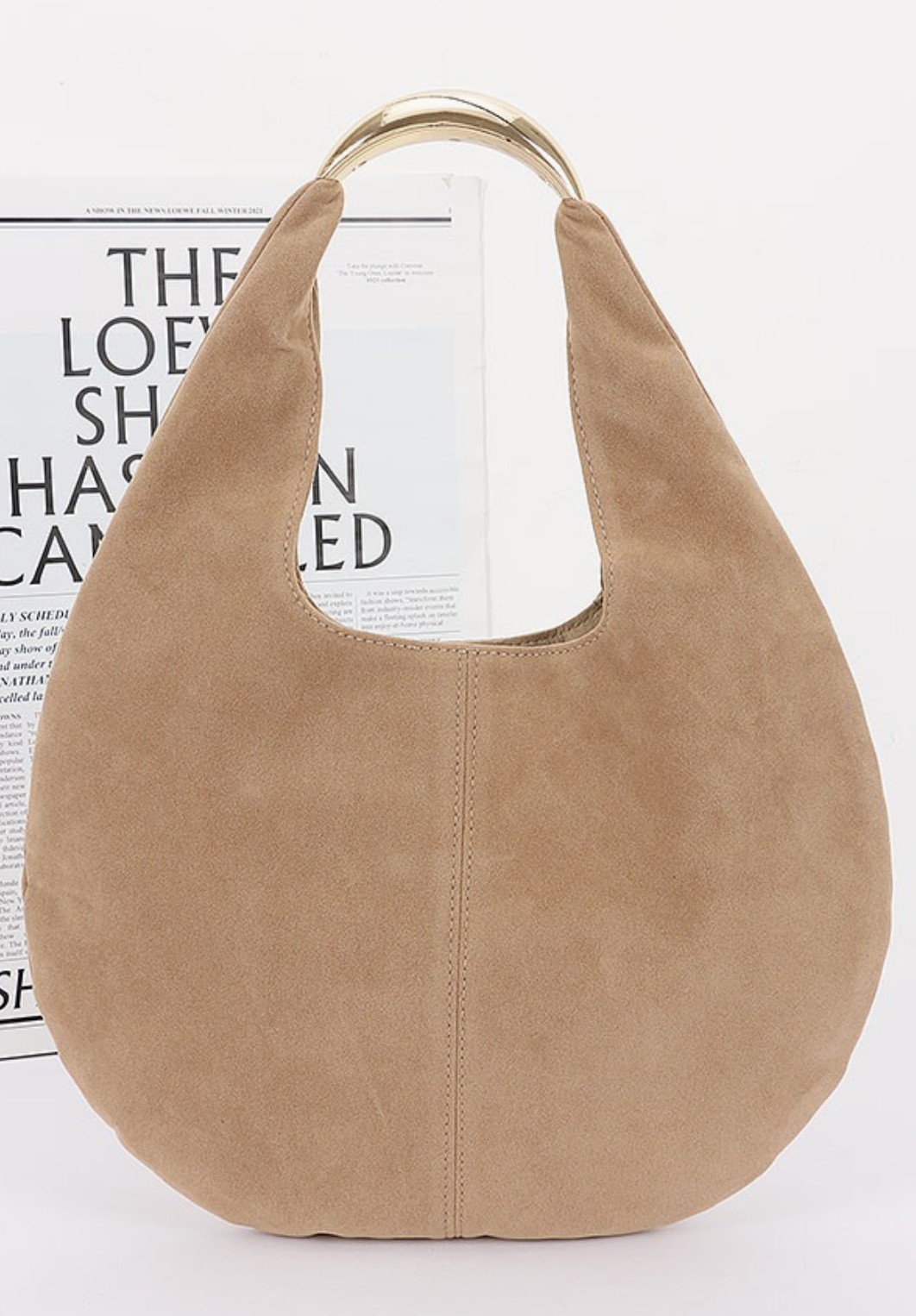 Faux suede hobo bag with relaxed silhouette and minimalist hardware in khaki.