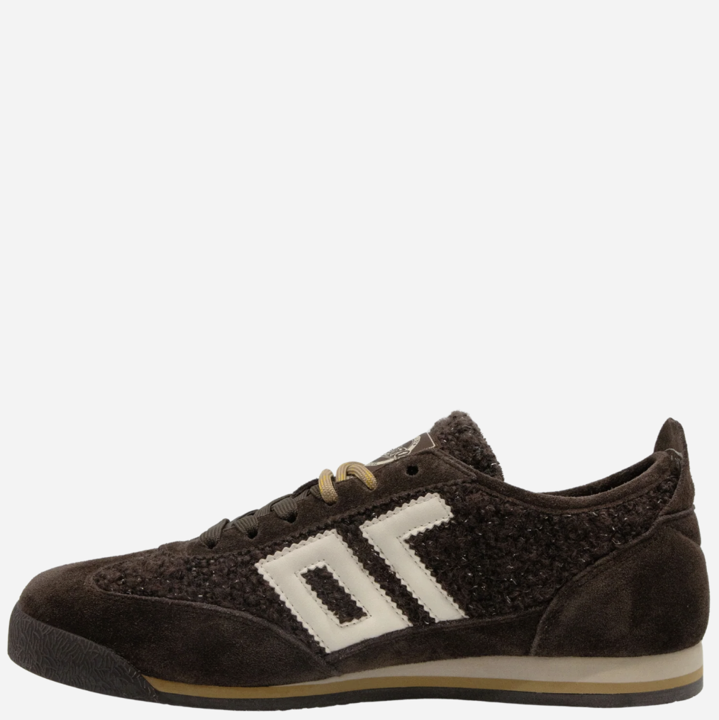 A dark brown suede and textured knit Back 70 sneaker with a prominent off-white geometric side logo, tan laces, and a gum sole, shown against a plain light gray background.