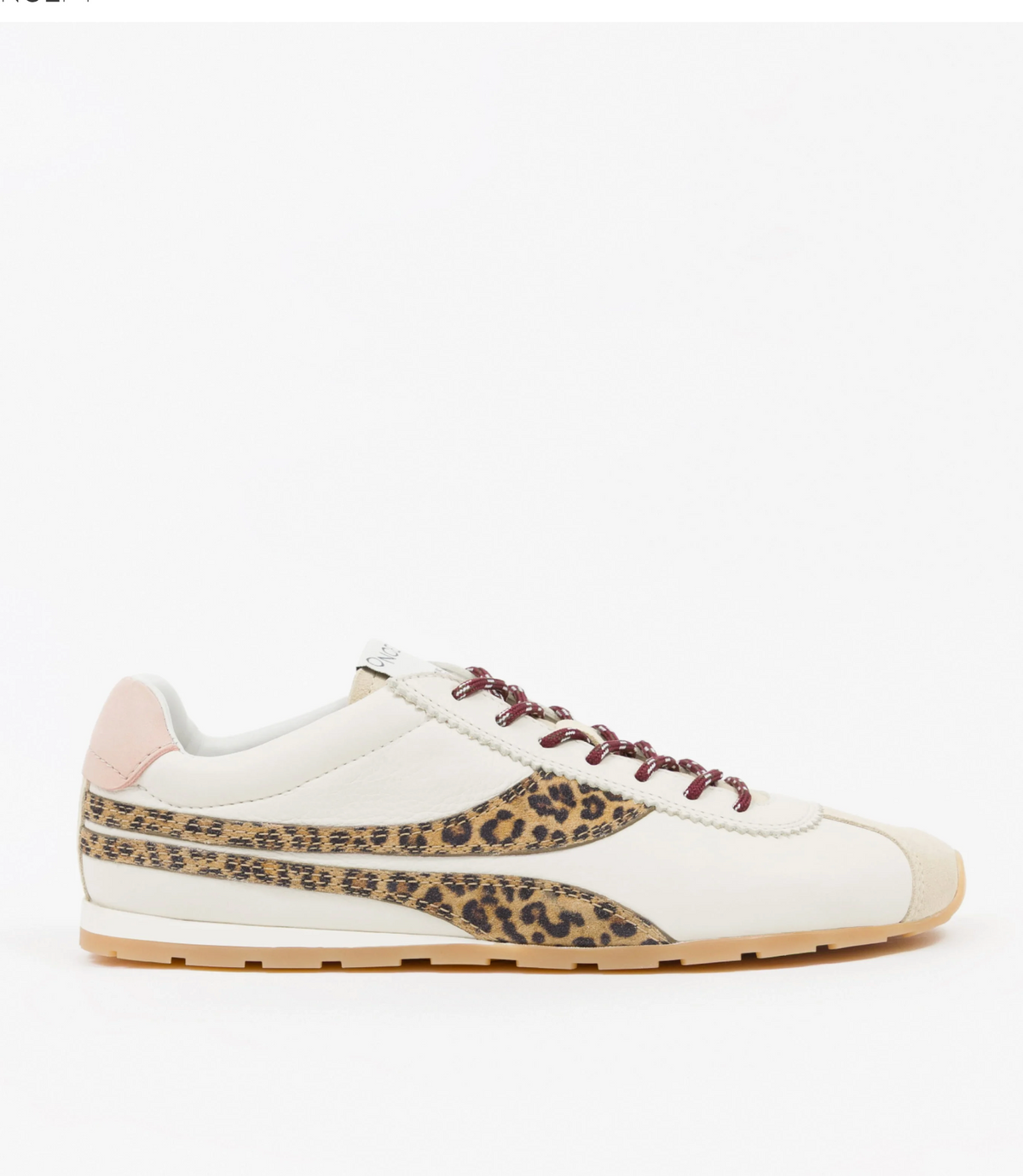 A low-top Oncept sneaker in off-white leather with a leopard-print side stripe, burgundy laces, and a gum sole, shown in profile against a plain white background.