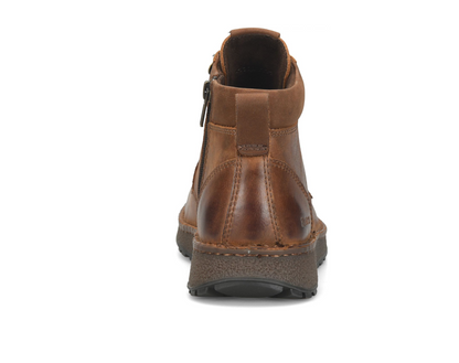 A single Børn Rex brown leather ankle boot shown from the back on a plain white background, featuring a side zipper, pull tab, and textured sole.