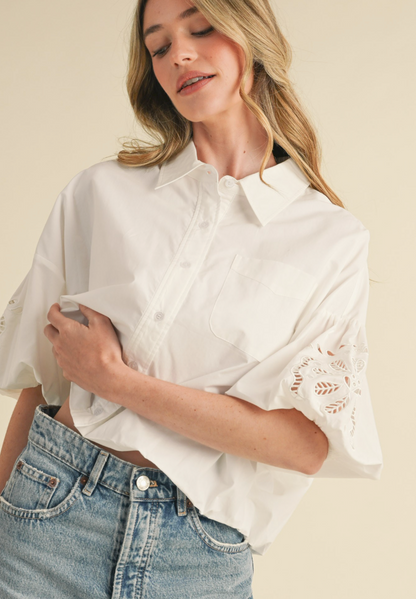 Embroidered Bubble Sleeve Top