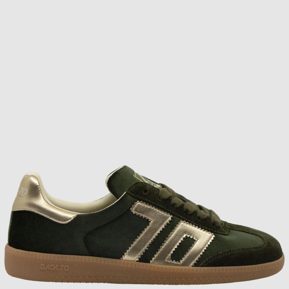 A Back 70 dark green suede and mesh low-top sneaker with metallic gold accents, including the signature '70' logo on the side, a gold heel tab, and a brown gum sole.