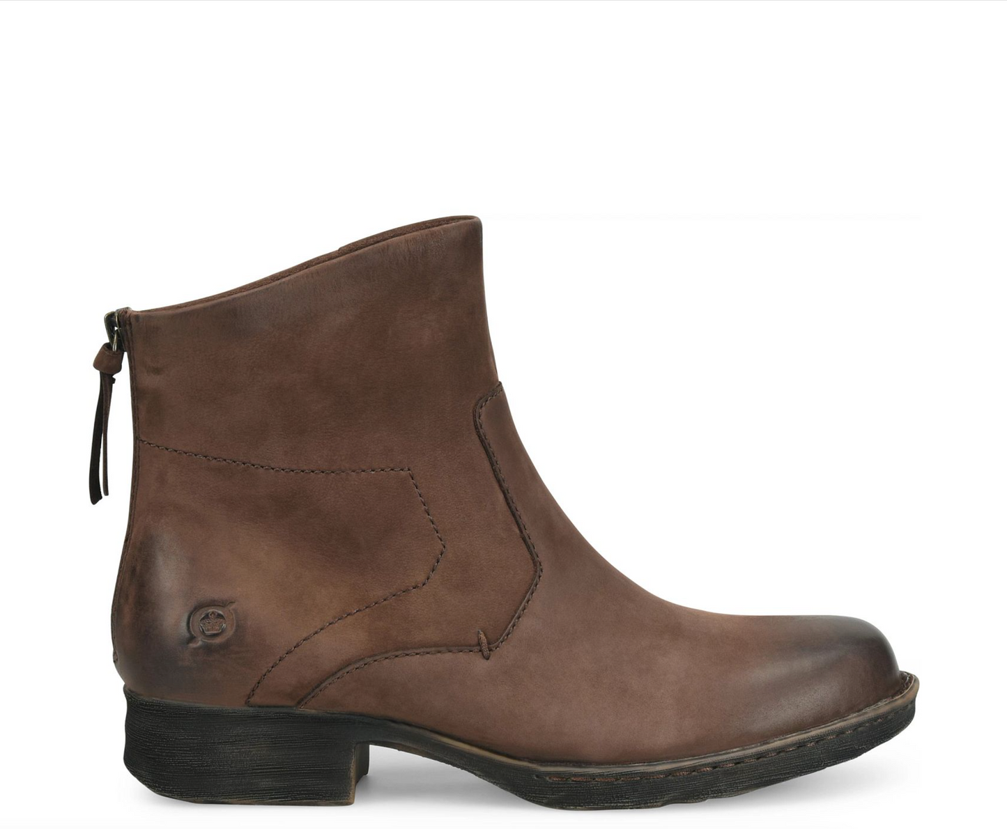 A Born Mercado brown leather ankle boot with a side zipper, low block heel, and decorative stitching, shown from a side profile on a white background.