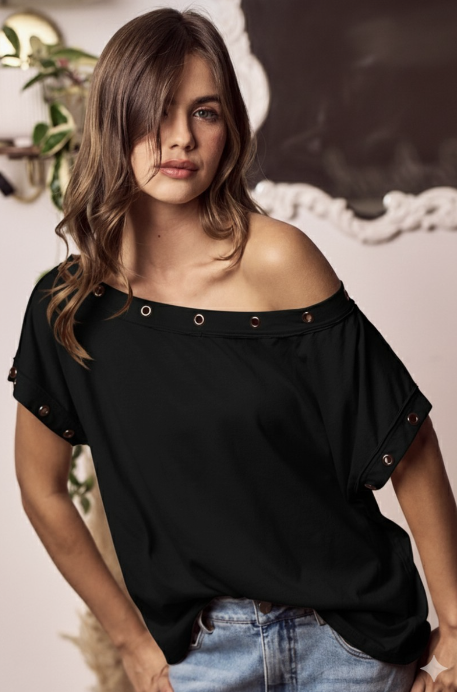 Metal Trim Eyelet Top