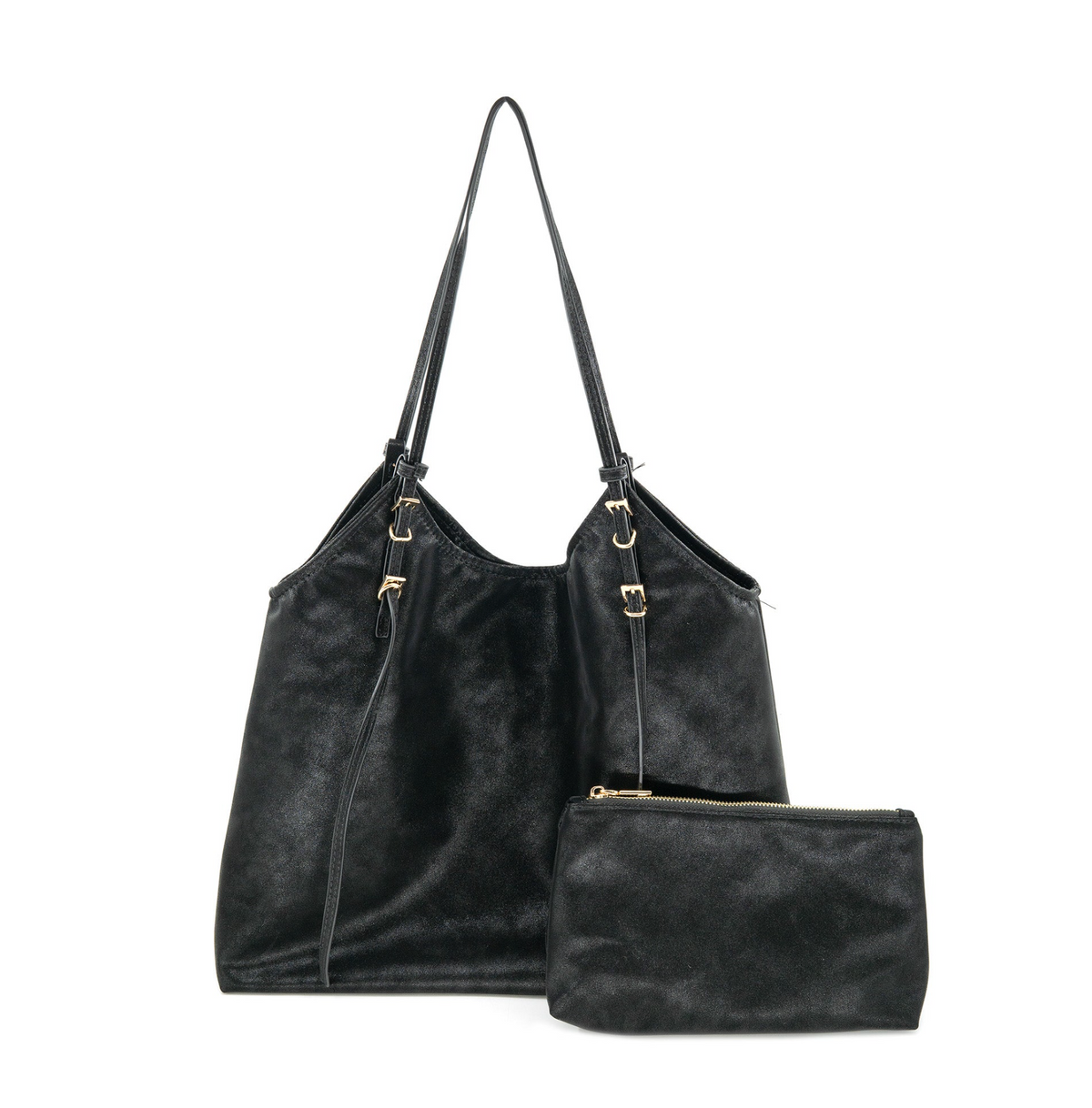A black textured faux-leather tote bag with a matching zippered pouch, displayed on a clean white background.