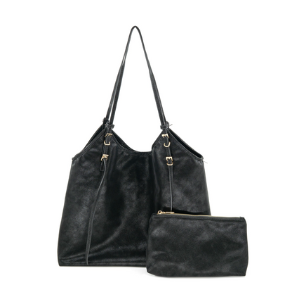 A black textured faux-leather tote bag with a matching zippered pouch, displayed on a clean white background.